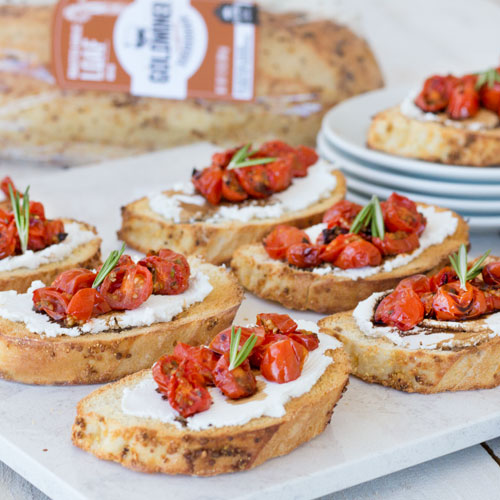 Roasted Tomato & Goat Cheese Sourdough Crostini Goldminer Bakery